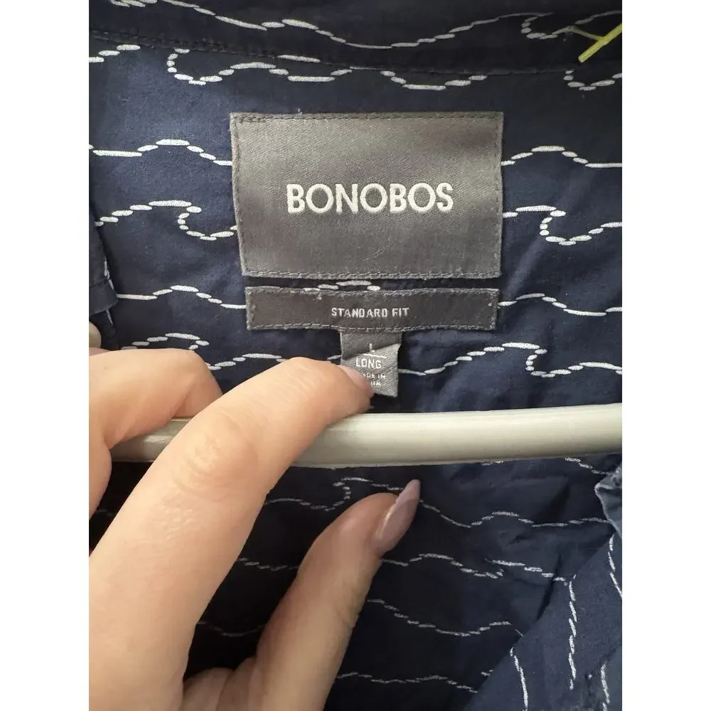 Bonobos Shirt Sz L Mens Navy Blue Short Sleeve Button Up Waves All Over Print - Picture 3 of 6